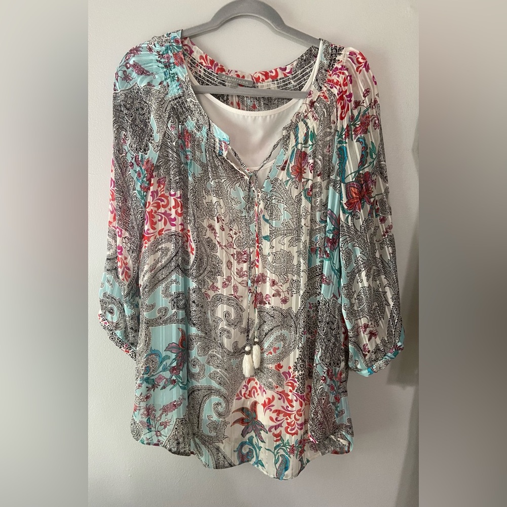 Daniel Rain 2X white teal pink sheer 3/4 length top with cami